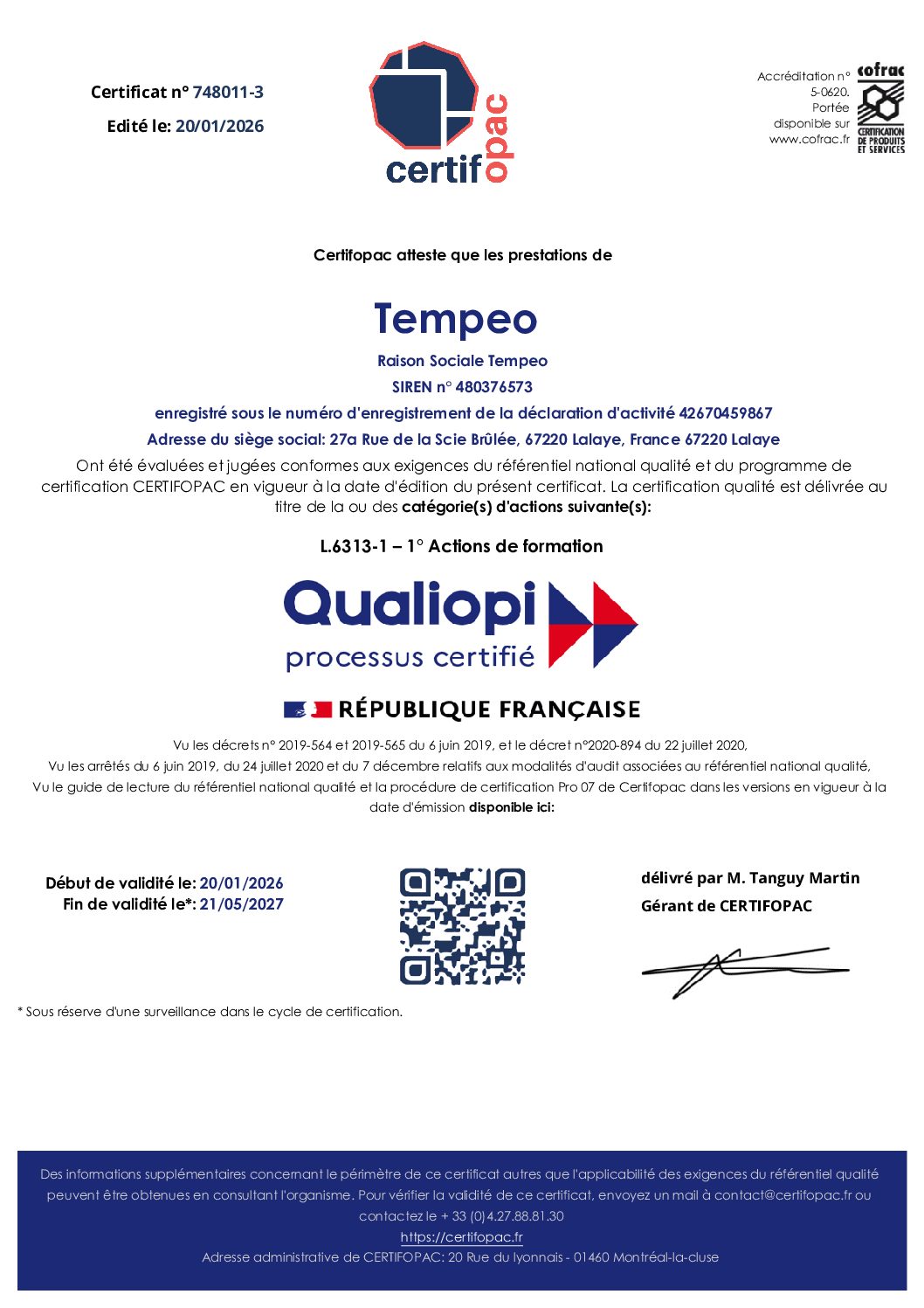 Certificat Qualiopi - Mise à jour le 20.01.2026 Certificat Qualiopi - Mise à jour le 20.01.2026